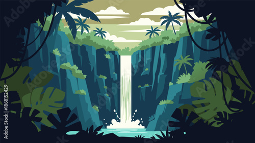 Lush Tropical Waterfall Landscape Vector Illustration with Palm Trees and Dense Jungle Foliage