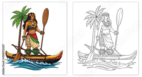 Woman Paddling Traditional Outrigger Canoe in Beautiful Tropical Island Background