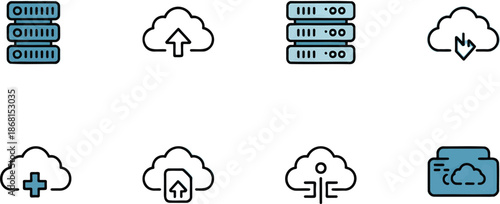 AI cloud computing icon set server stacks, network lines, glowing cloud outline, vector icons