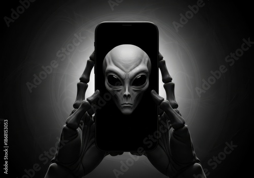 Alien holding a smartphone with a dark background, futuristic concept of extraterrestrial technology and communication