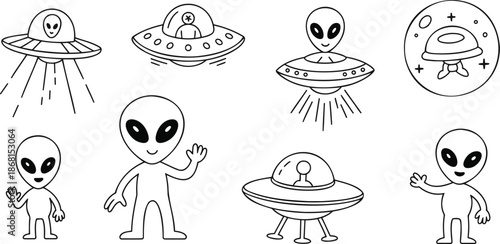 Alien encounter doodle pack, UFO graphics, extraterrestrial designs, sci-fi humor, space visitor vector