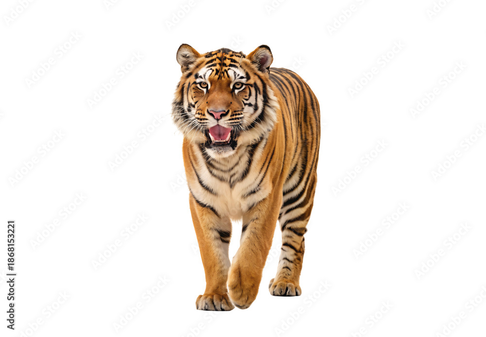 Obraz premium Bengal tiger walking forward with mouth open showing teeth and tongue, isolated on a transparent background