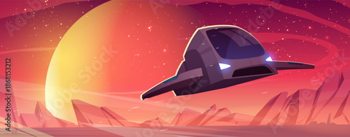 Spaceship fly above alien planet surface