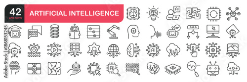 Set of line icons related to AI technology and possibilities, machine learning, smart robotic. Outline icons collection. Editable stroke. Vector illustration