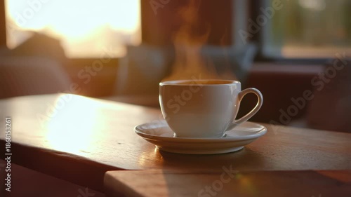 Warm Morning Coffee in Sunlit Café Interior