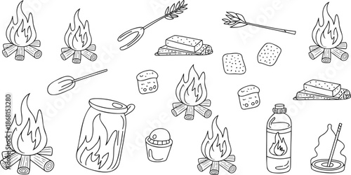 Beach bonfire doodle pack, campfire graphics, s'mores illustrations, coastal camping elements, vector set
