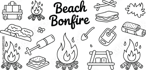 Beach bonfire doodle pack, campfire graphics, s'mores illustrations, coastal camping elements, vector set