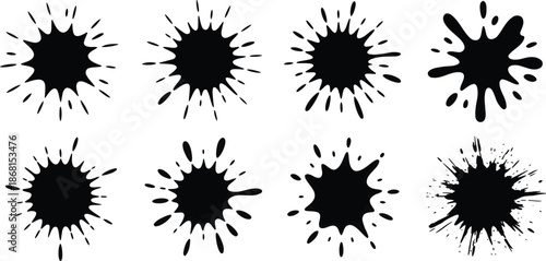Black ink splatter collection, paint brush strokes, grunge texture vector graphics set
