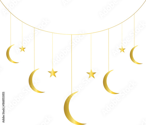 Golden crecent moon with stars hanging on transparent background for Ramadan, eid, mubarak greetings card, poster, banner design