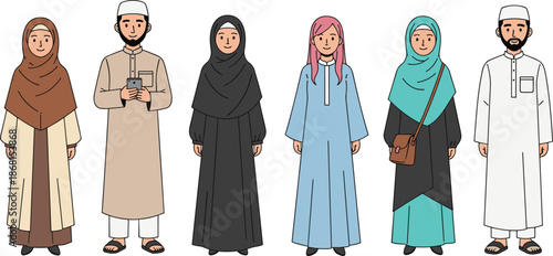 Flat Vector Illustration of Diverse Muslim Men and Women Wearing Traditional Islamic Clothing Hijabs Abayas and Thobes in Professional Styles