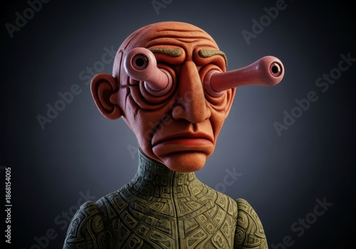 Creative 3d character with exaggerated features and a long red nose, detailed texture, and a unique design