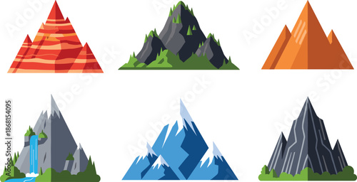 Flat Vector Illustration Set of Diverse Mountain Peaks Including Snowy Summits Red Rock Canyons Forest Hills and Waterfalls Nature Icons