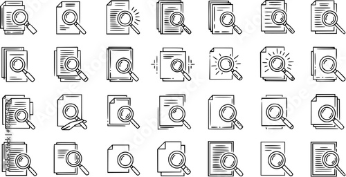 Collection of Magnifying Glass Icons Over Documents, Representing Search, Analysis, and Research