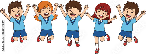 Group of Happy Diverse School Children Jumping for Joy in Blue Uniforms Isolated Cartoon Vector Illustration for Education and Success