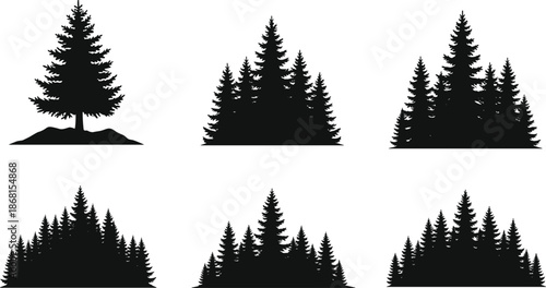 Conifer tree grouping silhouettes, forest cluster vector set, black nature icons, evergreen hill shapes, stylized pine formations, landscape design elements, tree arrangement pack