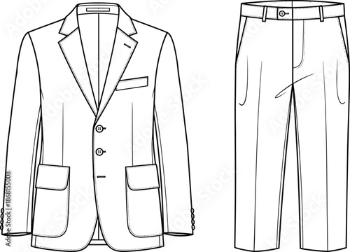 Men Business Suit CAD Drawing Flat Vector Illustration with Three Button Blazer Jacket and Formal Trousers Fashion Technical Sketch for Design Tech Pack