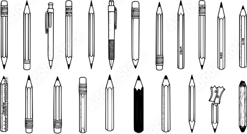 Set of various hand-drawn writing and drawing pencils, including mechanical pencils, and a sharpener in black and white line art style.