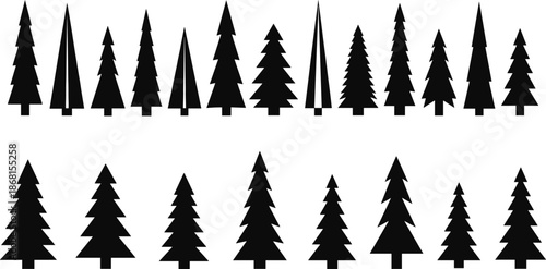 Stylized pine tree silhouettes, black forest icons, conifer vector shapes, symmetrical evergreen designs, nature 