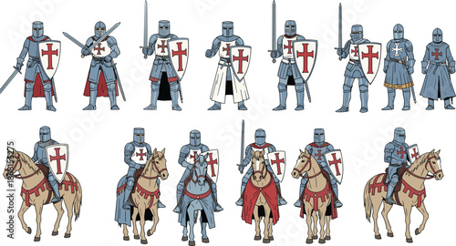 Medieval Crusader Knight Vector Set Featuring Armored Templar Warriors on Foot and Horseback with Swords Shields and Red Cross Emblems