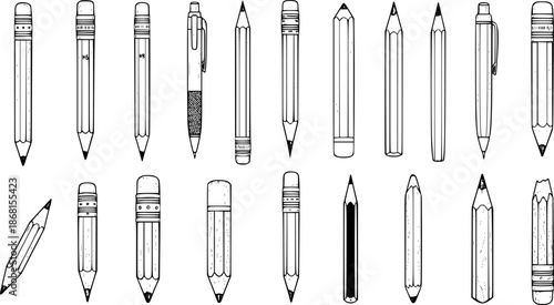 Hand-drawn Pencils and Pen Collection. Vector Line Art Illustration of Various Stationery Items for Drawing, Writing, and School Supplies.