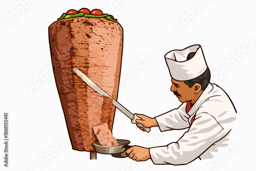 Chef Creating Thin and Tasty Slices with a Long Doner Knife.