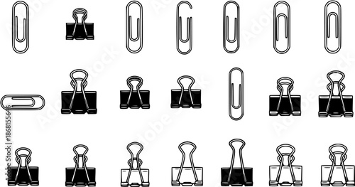 Collection of black and white office stationery icons: paper clips and binder clips, top view