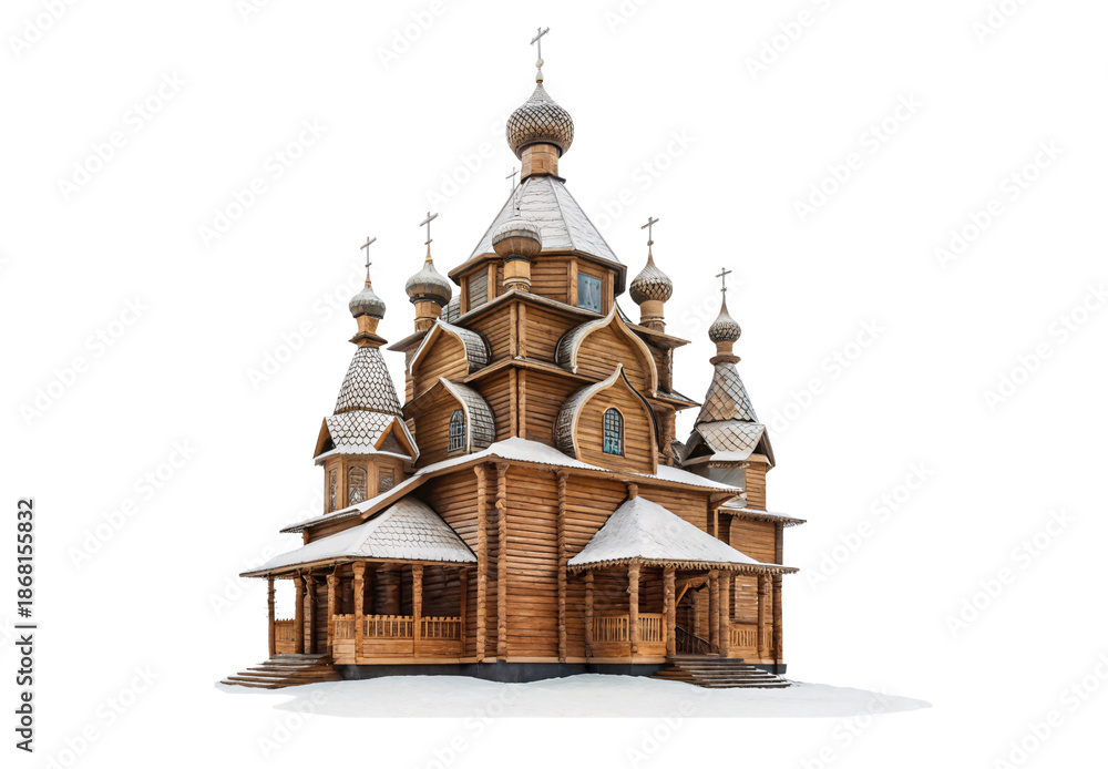 Obraz premium Traditional wooden Orthodox church with onion domes covered in snow, isolated on a transparent background