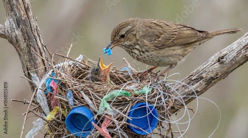 Heartbreaking nature photograph of a mother bird feeding microplastic to her chick in a nest woven with plastic waste, bottle caps, and fishing line. Concept of environmental pollution affecting wildl