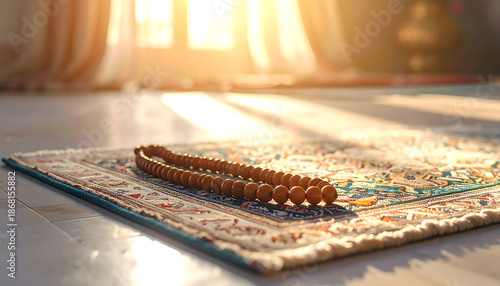Prayer beads on a patterned rug, bathed in warm sun rays, symbolizing spiritual devotion and tranquility.