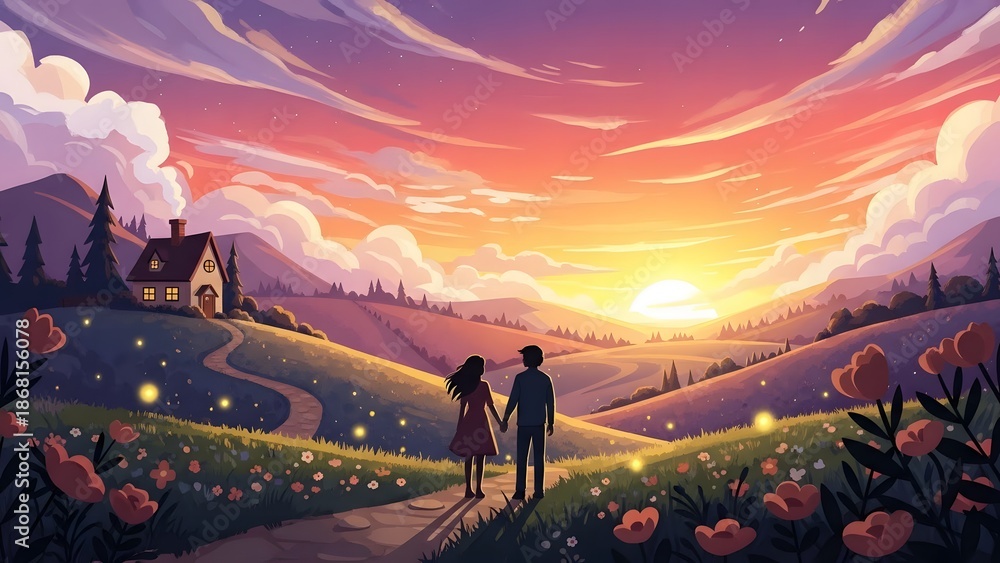 Fototapeta premium A romantic sunset walk through a magical field towards a cozy cottage