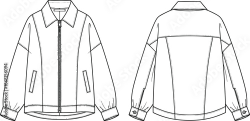 Oversized Zip Up Jacket Technical Fashion CAD Drawing, Flat Vector Illustration, Women's Casual Outerwear Sketch with Drop Shoulders and Welt Pockets