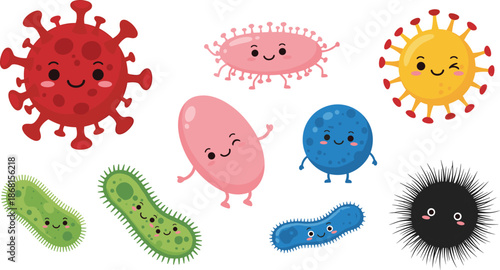Set of Cute Cartoon Bacteria and Virus Characters with Smiling Faces Isolated Vector Illustration for Healthcare Hygiene and Science Education