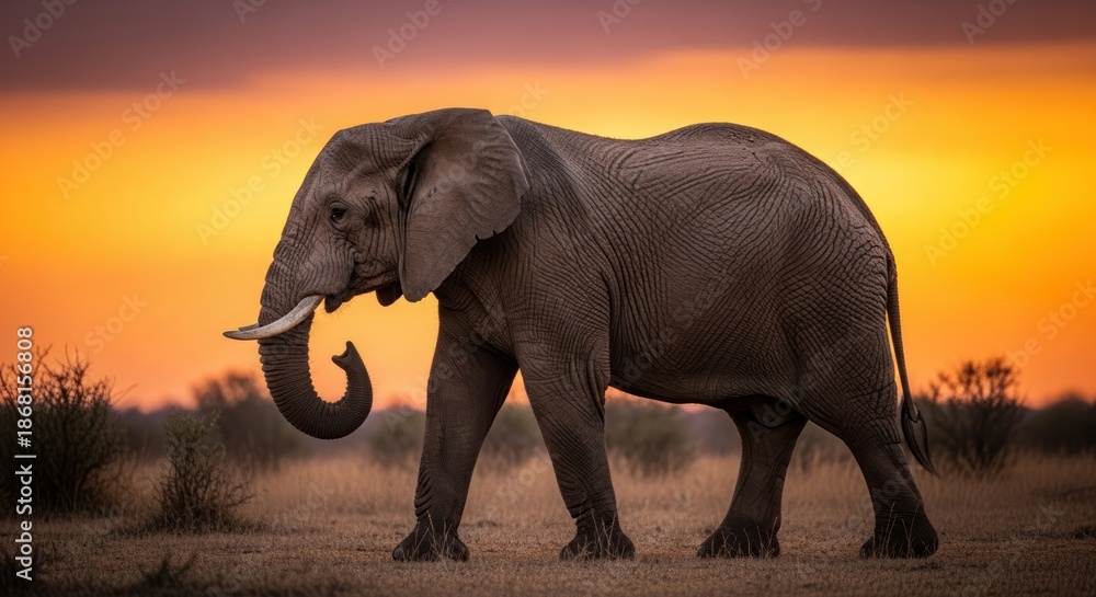 Fototapeta premium Majestic elephant walking across the savannah during the captivating sunset hour