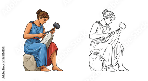 Ancient Greek Women Carving Stone Statues With Hammers and Chisels Illustration