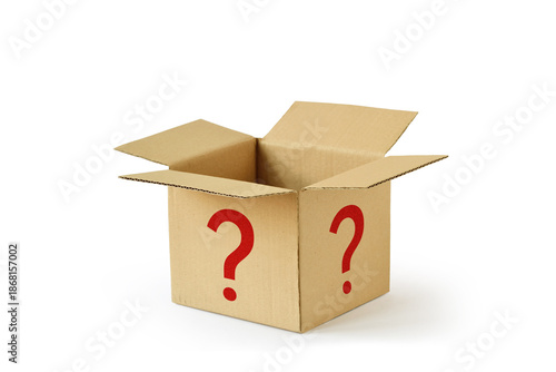 Cardboard box with question mark on white background - Concept of mystery box