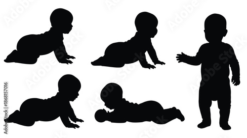 Three babies in different poses a crawling baby and a standing baby silhouette