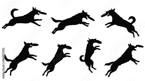 A series of playful dog jumps captured in a dramatic silhouette