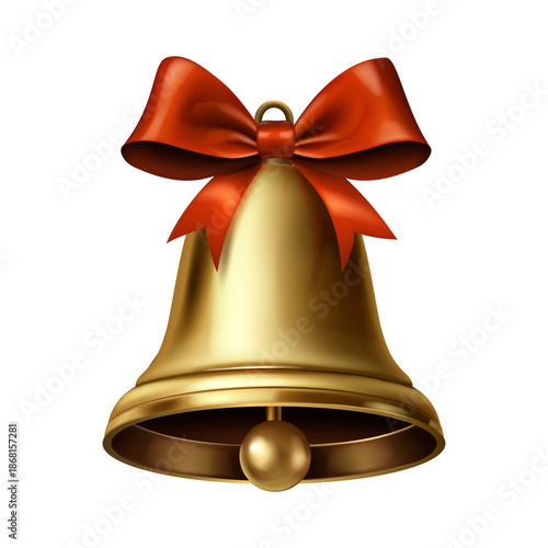 Schilderij op canvas Golden Christmas bell with red bow hanging for holiday decoration festive and el