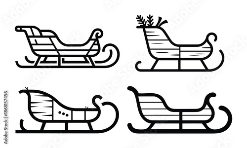 Seigh line art set black and white winter holiday vector illustration. black and white line art set of Santa sleigh designs created in a festive winter holiday style.