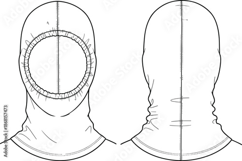 Technical CAD Drawing Flat Vector Illustration of a Balaclava Face Mask with Elastic Opening Front and Back View for Technical Design Pack