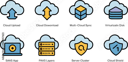 cloud computing icons cloud upload, cloud download, multi-cloud sync, virtualization cube, backup disk