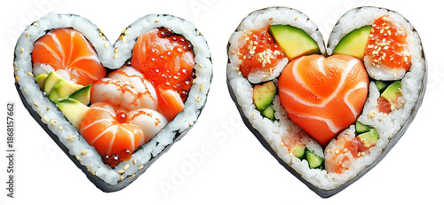 Creative heart shaped sushi roll with salmon, avocado, and roe isolated on white transparent background. © boule1301