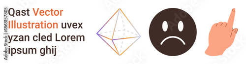 Education, emotions, communication, geometry, technology, and symbols. Geometric shape, sad face text and pointing hand . Education and emotions in visual format