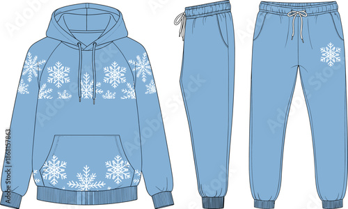 Technical CAD Drawing Flat Vector Illustration of Blue Winter Hoodie and Sweatpants Set with Snowflake Prints for Fashion Design Tech Pack