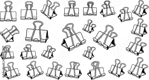 Hand-drawn Black and White Binder Clips Pattern Background. Sketchy Office Stationery and Document Fasteners Doodle.