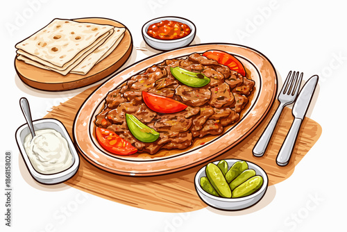 Specially Sauced Doner Served with Yogurt and Roasted Peppers.