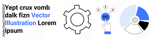 Cogwheel for process, finger selecting HR touchpoint, segmented pie chart in blue and black. Ideal for business strategy, HR, analytics, workflow, management, technology simple landing page