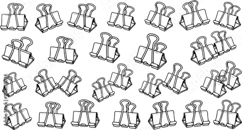 Seamless Hand-Drawn Black and White Office Binder Clips Pattern Background Doodle