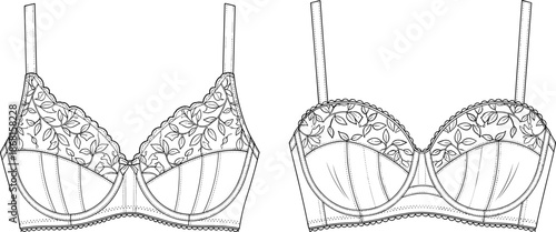 Technical CAD Drawing of Lace Brassiere Set, Featuring Flat Vector Illustration of Floral Embroidery Lingerie Designs for Fashion Product Development