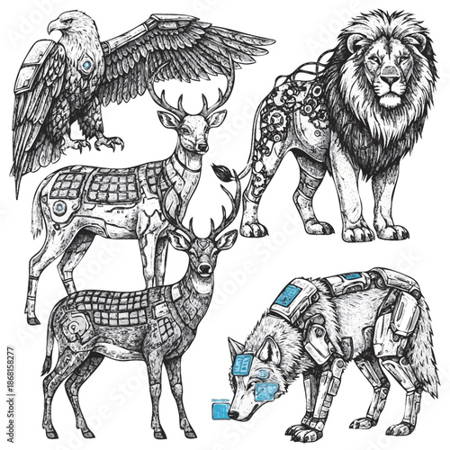 Steampunk Animal Hybrid Illustrations Eagle, Lion, Wolf, and Deer in Mechanical Designs